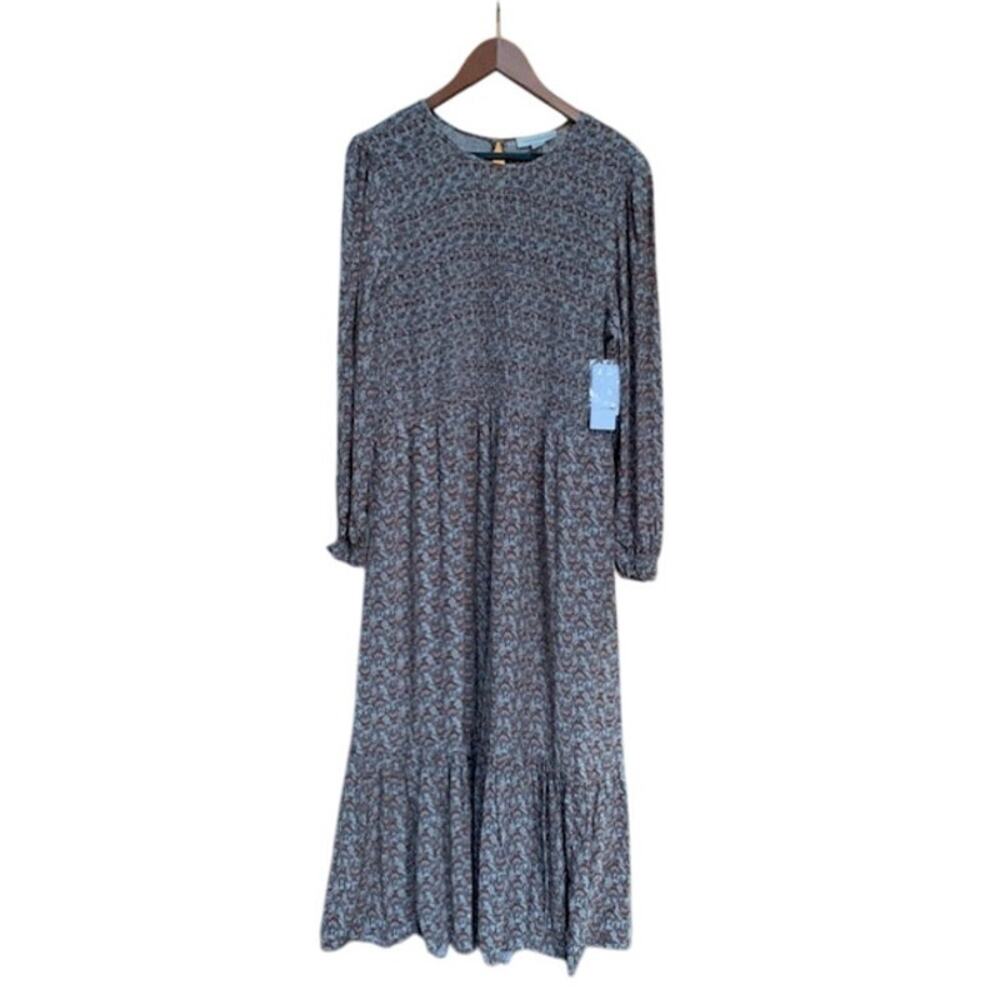 Treasure & Bond Boho Prairie Flowy Blue Brown Smocked Maxi Dress Womens XXL NWT